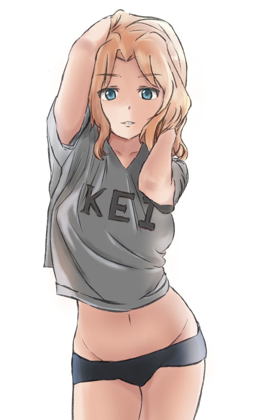 1girl absurdres arm_up black_panties blonde_hair blue_eyes casual character_name clothes_writing commentary cowboy_shot female_focus girls_und_panzer grey_shirt groin hair_intakes hands_in_hair highres kay_(girls_und_panzer) light_smile long_hair looking_at_viewer midriff munisuke_(zrkt7883) navel no_pants panties parted_lips saunders_school_uniform school_uniform shirt short_sleeves simple_background solo standing t-shirt underwear white_background