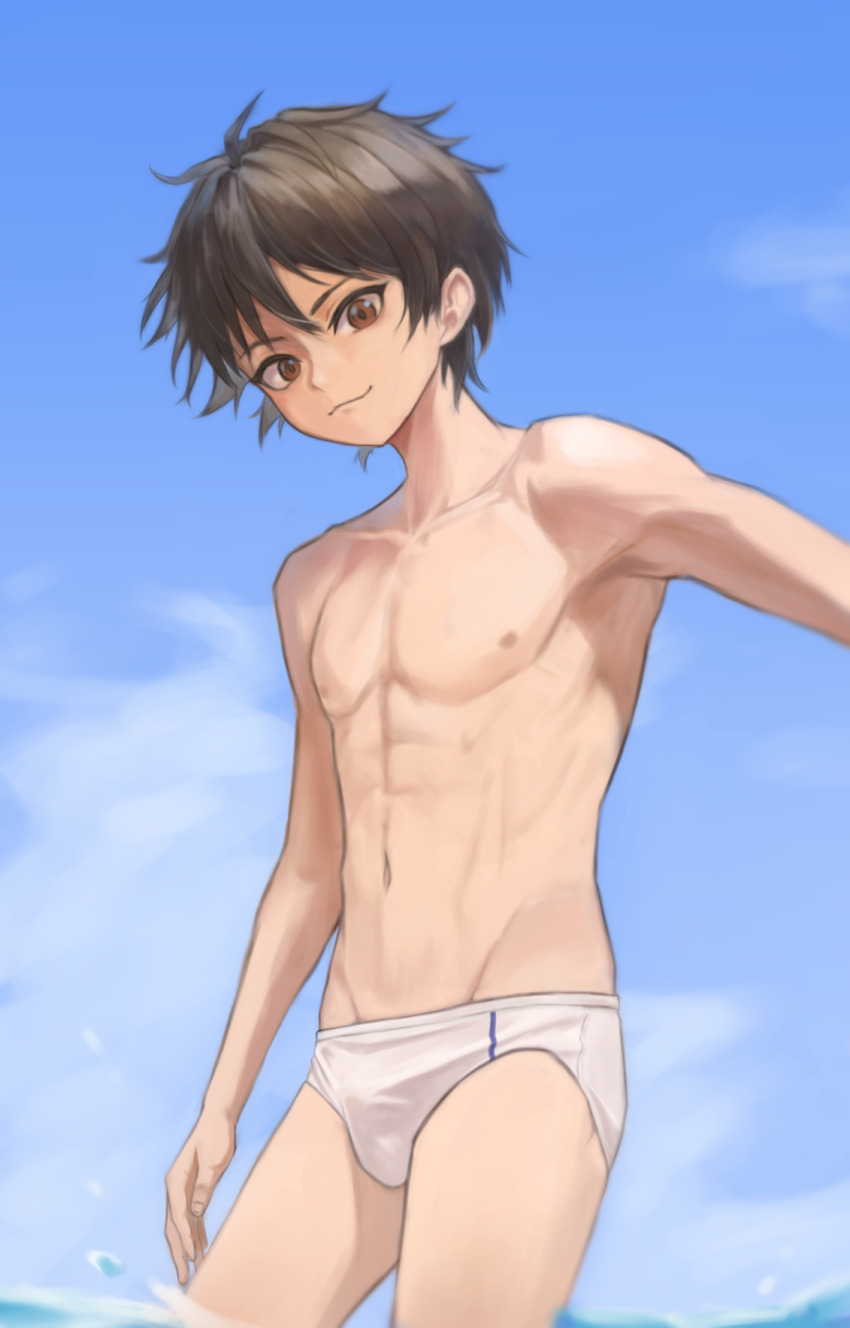 1boy abs black_hair brown_eyes bsinya cowboy_shot groin highres male_focus male_swimwear navel original short_hair smile swim_briefs toned toned_male white_background white_male_swimwear