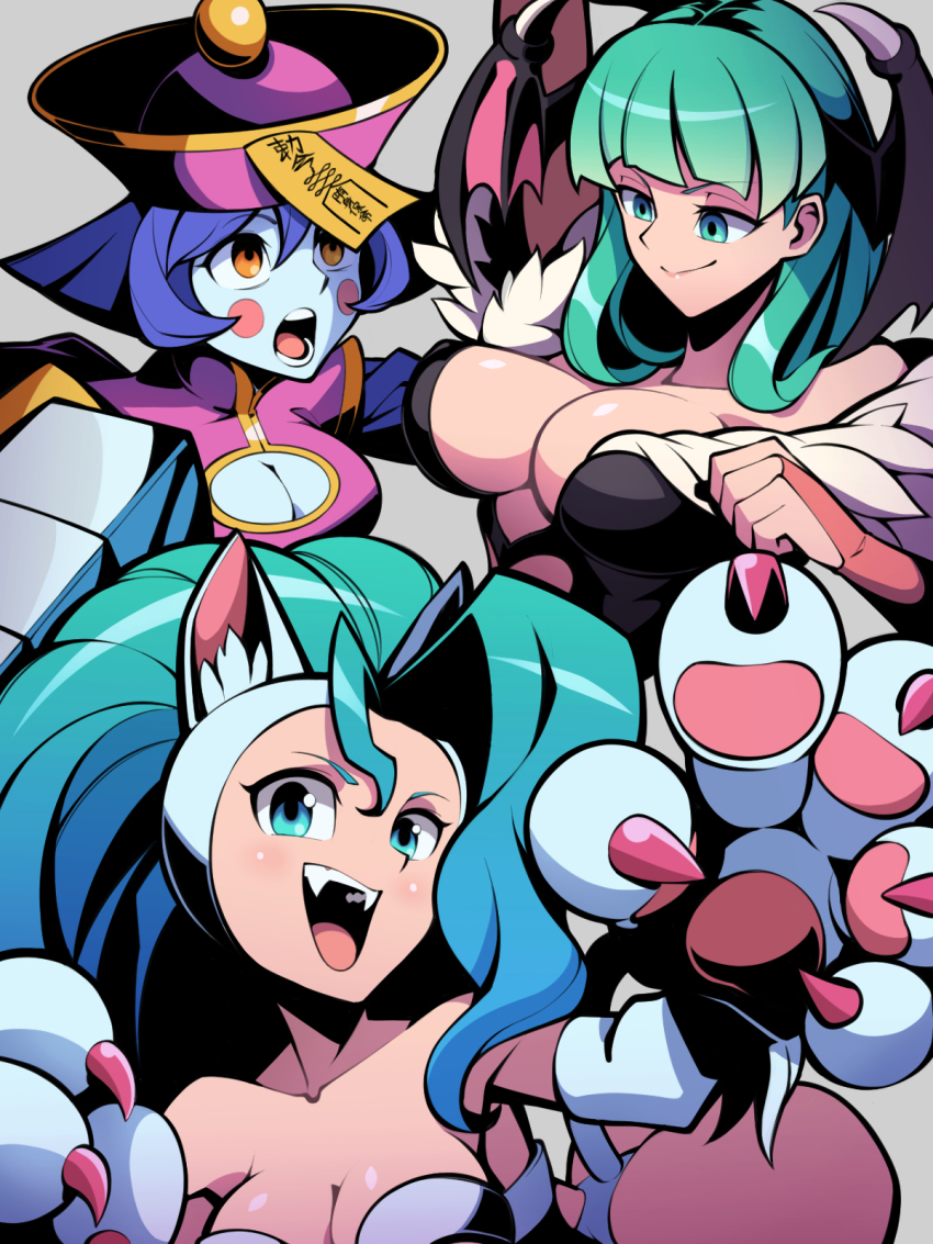 3girls animal_ears ass bare_shoulders blue_eyes blue_hair breasts bridal_gauntlets capcom cat_ears cat_girl cat_paws cat_tail chinese_clothes cleavage collarbone demon_girl felicia_(darkstalkers) green_eyes green_hair head_wings highres jiangshi large_breasts hsien-ko long_hair matching_hair/eyes morrigan_aensland multiple_girls open_mouth petyankomanju revealing_clothes smile tail darkstalkers wings