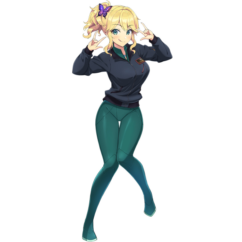 1girl blonde_hair bodysuit butterfly_hair_ornament dolphin_wave green_eyes hair_ornament highres izumi_kiri licking_lips official_art ootomo_takuji side_ponytail solo sweater tongue tongue_out transparent_background zipper