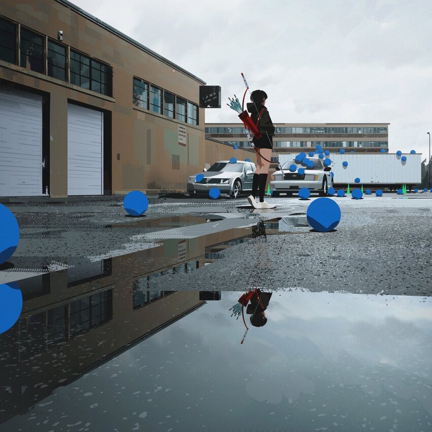 1girl arrow_(projectile) black_hair bow_(weapon) building car city cloud cloudy_sky coat commentary english_commentary factory from_behind from_below girl_chasing_giants_(yun_ling) green_coat highres kneehighs motor_vehicle original outdoors photo-referenced quiver reflection road scenery short_hair short_shorts shorts sky socks solo street weapon yun_ling