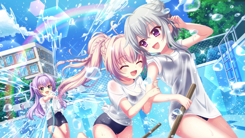 3girls :d ahoge aiming alternate_hairstyle arm_hug arm_up barefoot blonde_hair blue_one-piece_swimsuit blue_sky blush braid breasts building bush chain-link_fence cleaning cleavage closed_eyes cloud crown_braid day dot_nose dutch_angle empty_pool fence film_grain game_cg green_eyes grey_hair hair_bun hair_intakes hair_up high_ponytail hokaze_kanade holding holding_hose hose ichijou_ruka izumi_tsubasu lens_flare long_braid long_hair medium_breasts mole mole_under_each_eye mole_under_eye multiple_girls multiple_moles non-circular_lens_flare non-web_source official_art one-piece_swimsuit open_mouth outdoors pool pool_ladder purple_eyes purple_hair rainbow re:stage! school_swimsuit see-through see-through_cleavage see-through_shirt shiratori_amaha_(re:stage!) shirt short_hair_with_long_locks single_hair_bun sky small_breasts smile sparkle spraying standing standing_on_one_leg swimsuit swimsuit_under_clothes t-shirt water water_drop wet wet_clothes wet_shirt white_shirt