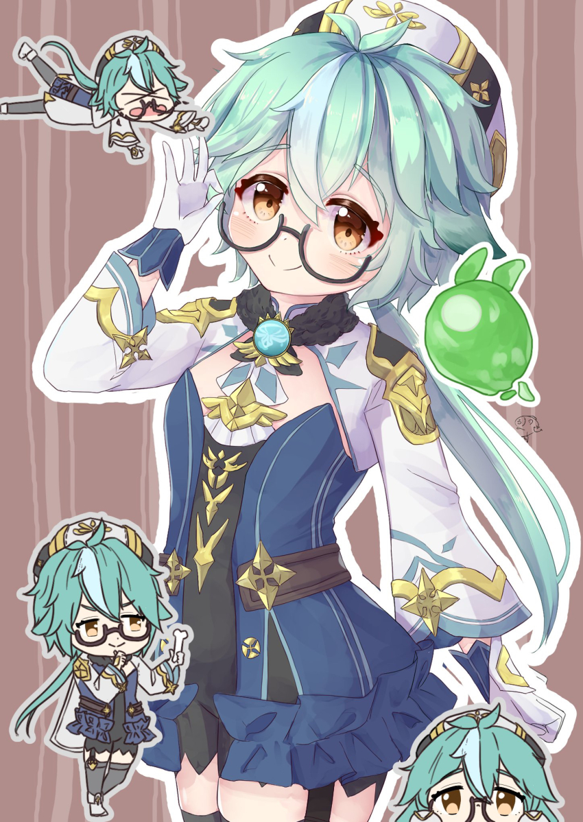 &gt;_&lt; 1girl adjusting_eyewear animal_ears antenna_hair black_leotard blue_leotard blush bone brown_background chibi d: dress dx fallen_down fish flat_chest frilled_leotard frills garter_straps genshin_impact glasses gloves green_hair hair_between_eyes hair_flaps hand_on_eyewear hat highres holding holding_bone kanzuki_tsunane leotard long_hair long_sleeves looking_at_viewer multicolored_hair open_mouth orange_eyes orb ponytail semi-rimless_eyewear smile solo streaked_hair striped_background sucrose_(genshin_impact) thighhighs two-tone_leotard vision_(genshin_impact) white_gloves white_hair