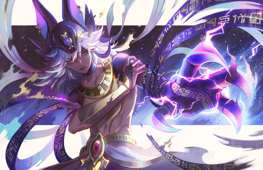 1boy abs animal_ears animal_hat claws cyno_(genshin_impact) dark-skinned_male dark_skin egyptian_clothes energy genshin_impact hair_between_eyes hat highres jackal_ears jessica_wijaya lightning male_focus purple_eyes purple_ribbon ribbon upper_body usekh_collar white_hair