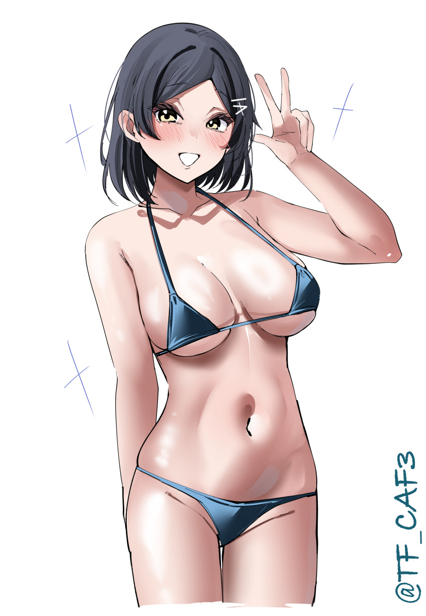 1girl absurdres alternate_breast_size bikini black_hair blue_bikini blush breasts hair_ornament hairclip highres kantai_collection kuroshio_(kancolle) looking_at_viewer medium_breasts navel ribbon short_hair simple_background smile solo sparkle swimsuit tf_cafe twitter_username v white_background