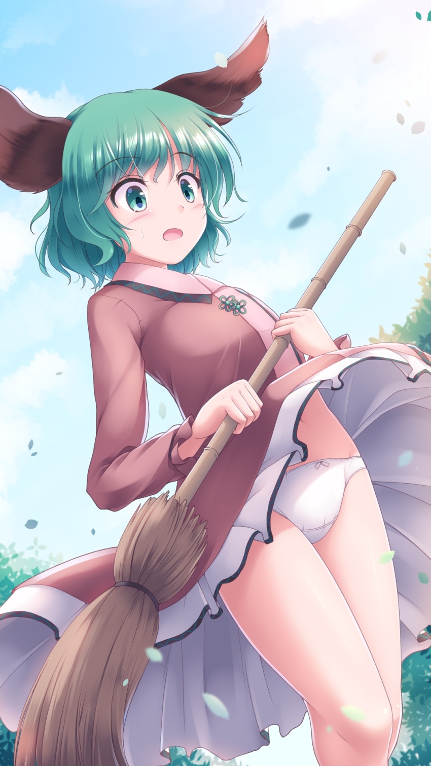 1girl animal_ears blush broom brown_dress clothes_lift commentary_request cowboy_shot day dress dress_lift frilled_dress frills green_eyes green_hair groin highres holding holding_broom kasodani_kyouko knees leaf long_sleeves lzh open_mouth outdoors paid_reward_available panties pantyshot partial_commentary short_hair solo standing sunlight surprised sweatdrop thighs touhou underwear upskirt white_panties wind wind_lift