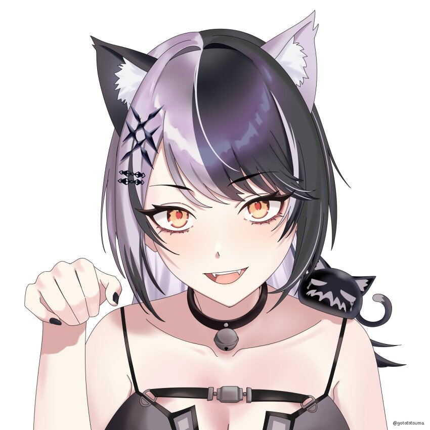 1girl animal_ears bell black_dress black_hair black_nails breasts cat_ears cat_girl cleavage collar dress fangs gototo_touma grey_hair hair_ornament highres hololive hololive_english large_breasts long_hair looking_at_viewer multicolored_hair neck_bell paw_pose shiori_novella shiori_novella_(1st_costume) simple_background split-color_hair two-tone_hair virtual_youtuber white_background yellow_eyes yorick_(shiori_novella)