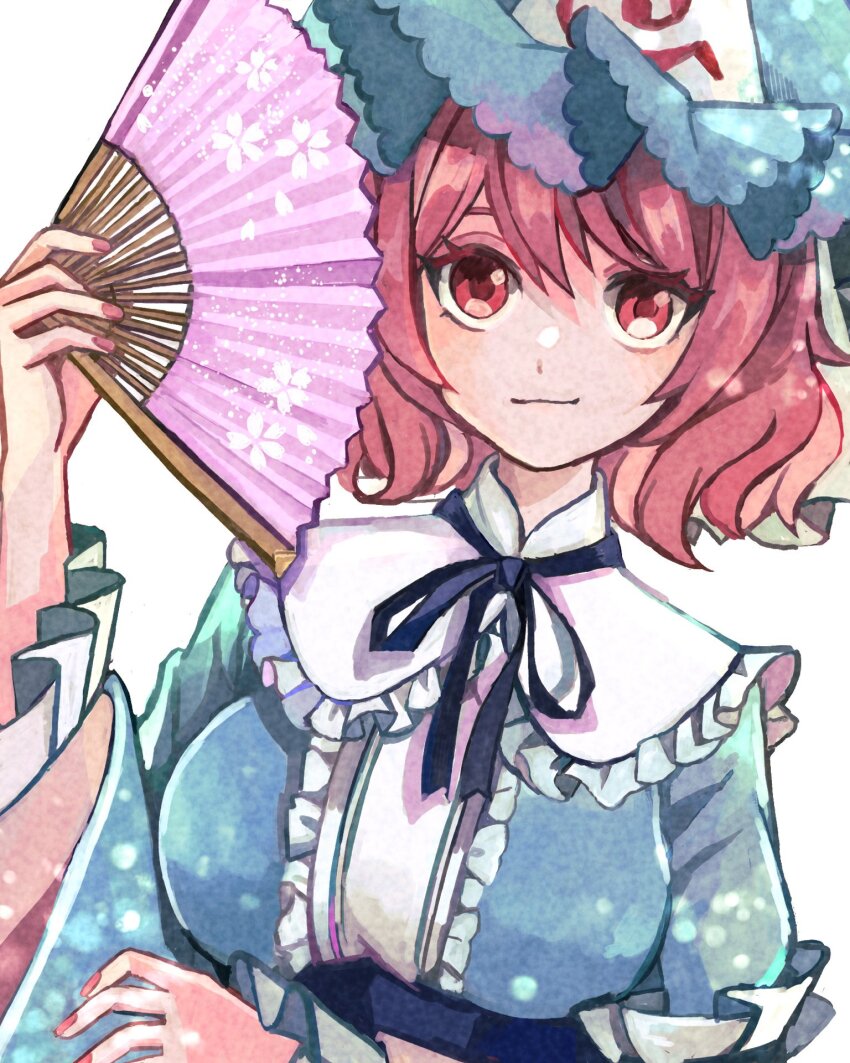 1girl blue_hat blue_kimono closed_mouth folding_fan frilled_kimono frills hand_fan hat highres holding holding_fan japanese_clothes kimono long_sleeves mob_cap nail_polish nauka pink_eyes pink_hair saigyouji_yuyuko short_hair simple_background solo touhou triangular_headpiece white_background wide_sleeves