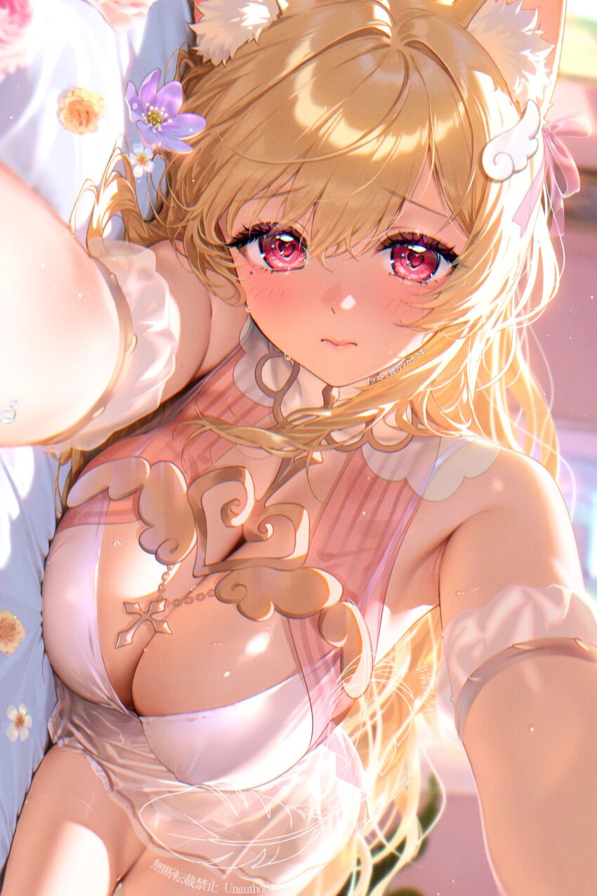 1girl :p animal_ear_fluff animal_ears babydoll bare_shoulders bed blonde_hair blurry blurry_background blush breasts cat_ears cat_girl cleavage closed_mouth commentary_request commission detached_sleeves hair_between_eyes hair_intakes highres indoors kemomimi_refle! large_breasts long_hair looking_at_viewer lying nekoma_karin on_bed on_side outstretched_arms panties pov red_eyes sakurano_tsukasa second-party_source see-through_clothes skeb_commission solo sweat thighs tongue tongue_out underwear virtual_youtuber white_babydoll white_panties wing_hair_ornament