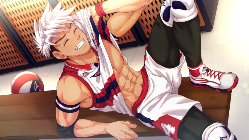 1boy abs armband artist_collaboration ball bench black_leggings closed_mouth clothes_lift collared_shirt elbow_pads foot_out_of_frame highres indoors jock_studio_(blits_games) knee_pads leggings male_focus mikkoukun multicolored_footwear muscular muscular_male nakajima_yuuto nipples non-web_source official_art pectorals red_footwear red_wristband shirt shirt_lift short_hair shorts sleeveless sleeveless_shirt smile solo teeth undercut variant_set volleyball_(object) white_footwear white_hair white_shorts wooden_bench zamius