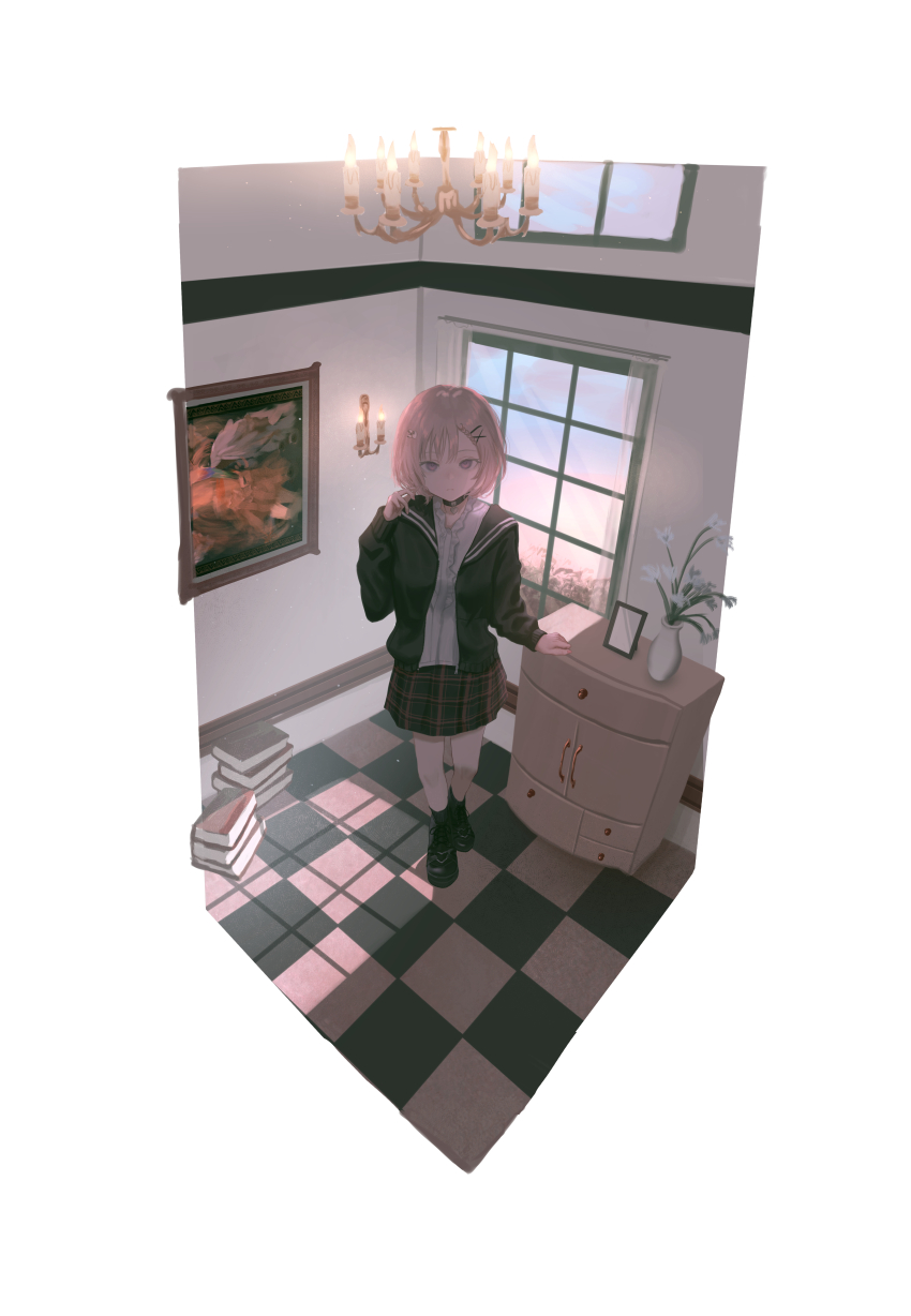 1girl absurdres black_choker black_footwear black_socks book braid cabinet candle checkered_floor choker collared_jacket commentary curtains dot_nose drawer empty_picture_frame flower frown full_body hair_ornament hairclip highres indoors jacket kyano_(kyanora3141) light_particles long_sleeves looking_at_viewer open_clothes open_jacket open_mouth original painting_(object) picture_frame pile_of_books pink_hair pink_nails plaid_clothes plaid_skirt purple_eyes rabbit_hair_ornament shirt single_braid skirt socks solo standing unzipped vase white_shirt window x_hair_ornament zipper_pull_tab