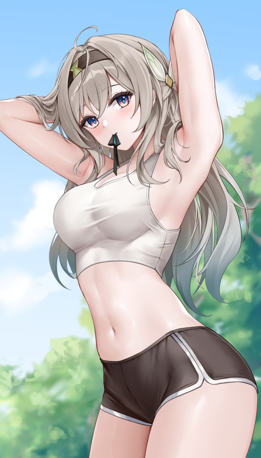 1girl alternate_costume armpits black_bow black_hairband black_shorts blue_eyes blue_pupils blue_sky bow bra breasts commentary_request crop_top day dolphin_shorts firefly_(honkai:_star_rail) gradient_hair green_hair grey_hair hair_between_eyes hair_bow hair_intakes hair_ornament hairband highres honkai:_star_rail honkai_(series) large_breasts light_blush looking_at_viewer lunacle mouth_hold multicolored_eyes multicolored_hair navel outdoors shirt shorts simple_background sky solo stomach two-tone_eyes tying_hair underwear upper_body white_background white_bra white_hair white_shirt