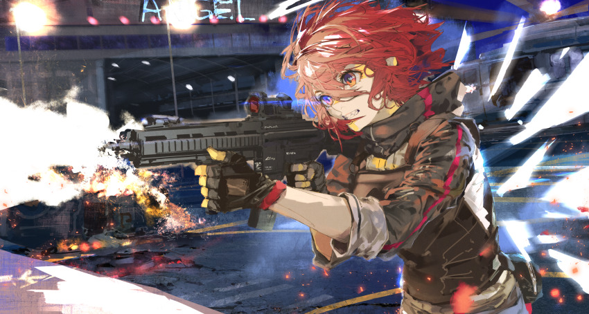 1girl aircraft arknights assault_rifle black_gloves black_shirt breasts clenched_teeth english_text exusiai_(arknights) fang fanny_pack female_focus firing gloves gun hair_between_eyes hands_up helicopter highres holding holding_gun holding_weapon kiriyama light_trail medium_breasts muzzle_flash orange_eyes outdoors red_hair rifle scope shirt short_hair solo standing teeth turtleneck upper_body weapon