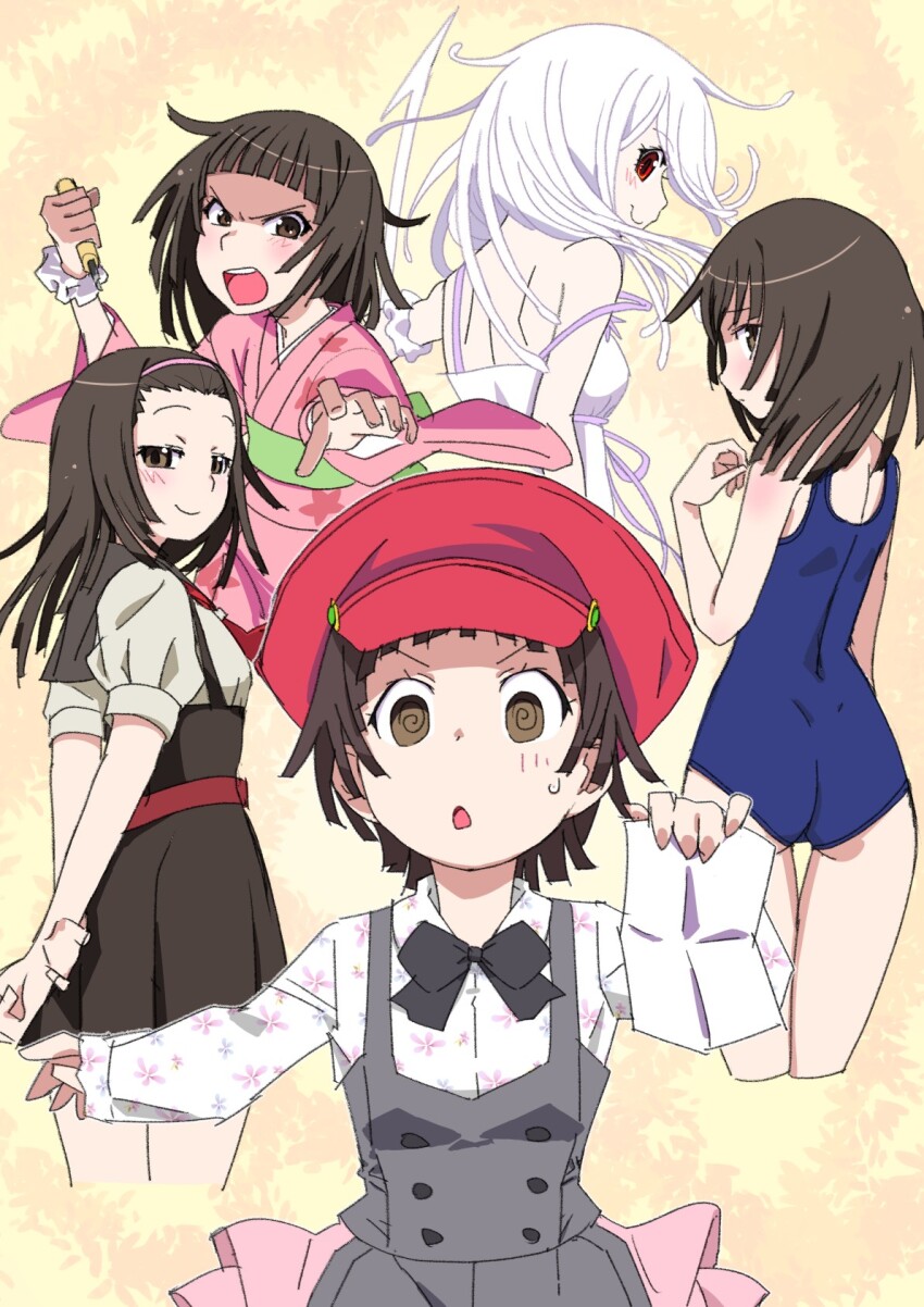 5girls :&lt; :o @_@ angry ass bakemonogatari bare_back bare_shoulders black_bow black_bowtie blue_one-piece_swimsuit blunt_bangs blush bow bowtie breasts brown_dress brown_eyes brown_hair brown_sailor_collar buttons cabbie_hat chestnut_mouth choppy_bangs closed_mouth collared_shirt commentary cropped_legs dimples_of_venus double-breasted dress dress_ribbon dress_shirt floral_print floral_print_kimono floral_print_shirt from_side green_sash grey_romper hair_slicked_back hairband half-skirt hat highres holding holding_chisel holding_harpoon holding_paper holding_weapon incoming_attack itoma_mahimahi japanese_clothes kimono koimonogatari layered_clothes long_hair long_sleeves looking_at_viewer looking_back looking_to_the_side medium_hair monogatari_(series) multiple_girls multiple_persona nademonogatari nanahyakuichi_middle_school_uniform narrowed_eyes nervous nervous_sweating new_school_swimsuit obi one-piece_swimsuit open_mouth orange_background outstretched_arm owarimonogatari paper pinafore_dress pink_dress pink_hairband pink_kimono pink_ribbon pink_shirt pink_skirt puffy_short_sleeves puffy_sleeves reaching reaching_towards_viewer red_eyes red_hat ribbon sailor_collar sash school_swimsuit school_uniform sengoku_nadeko serafuku shaded_face shirt short_hair short_sleeves shoulder_blades shouting shy skirt sleeveless sleeveless_dress small_breasts smile snake_hair standing strap_slip sundress sweat sweatdrop swimsuit teeth two-tone_dress two-tone_shirt upper_body upper_teeth_only v-shaped_eyebrows weapon white_background white_dress white_hair white_shirt