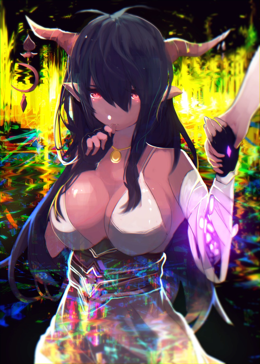 10s 1girl absurdres antenna_hair bandaged_arm bandages biting biting_own_thumb black_gloves black_hair breasts cleavage crescent danua draph dress fingerless_gloves gloves glowing glowing_eyes granblue_fantasy hair_between_eyes highres holding_hands horn_ornament horns jewelry large_breasts long_hair looking_at_viewer necklace out_of_frame pointy_ears red_eyes sleeveless sleeveless_dress solo_focus tarbo_(exxxpiation) biting_own_thumb white_dress