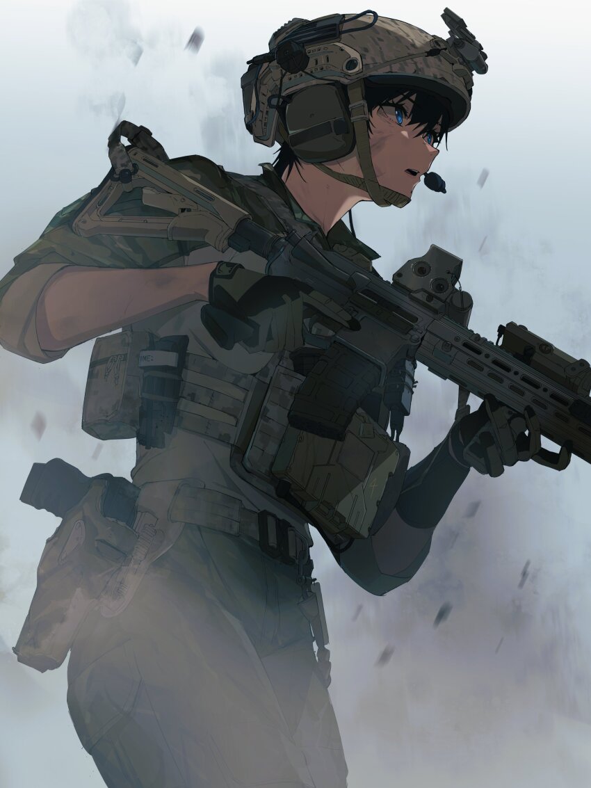 1girl absurdres assault_rifle belt black_gloves black_hair blue_eyes bulletproof_vest camouflage camouflage_pants check_weapon combat_helmet commentary cowboy_shot dust ear_protection english_commentary glock gloves green_gloves gun h&amp;k_hk416 handgun helmet highres holding holding_gun holding_weapon holster holstered laser_sight open_mouth original pants pen_guin15 pouch rifle scope shirt short_hair simple_background solo teeth trigger_discipline two-tone_gloves upper_teeth_only weapon