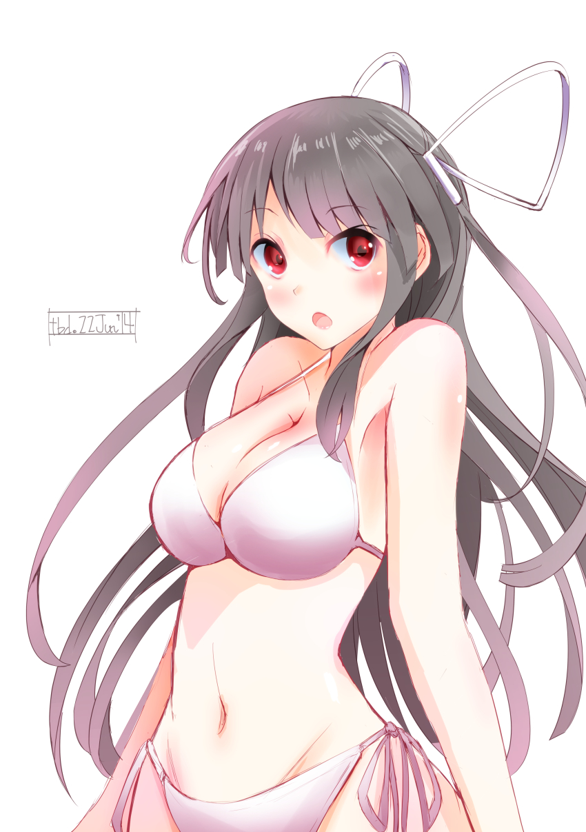 10s 1girl :o absurdres bad_id bad_pixiv_id bikini black_hair breasts cleavage female_focus hair_ribbon highres hiyou_(kancolle) kantai_collection long_hair navel open_mouth red_eyes ribbon side-tie_bikini_bottom solo swimsuit tebi_(tbd11)