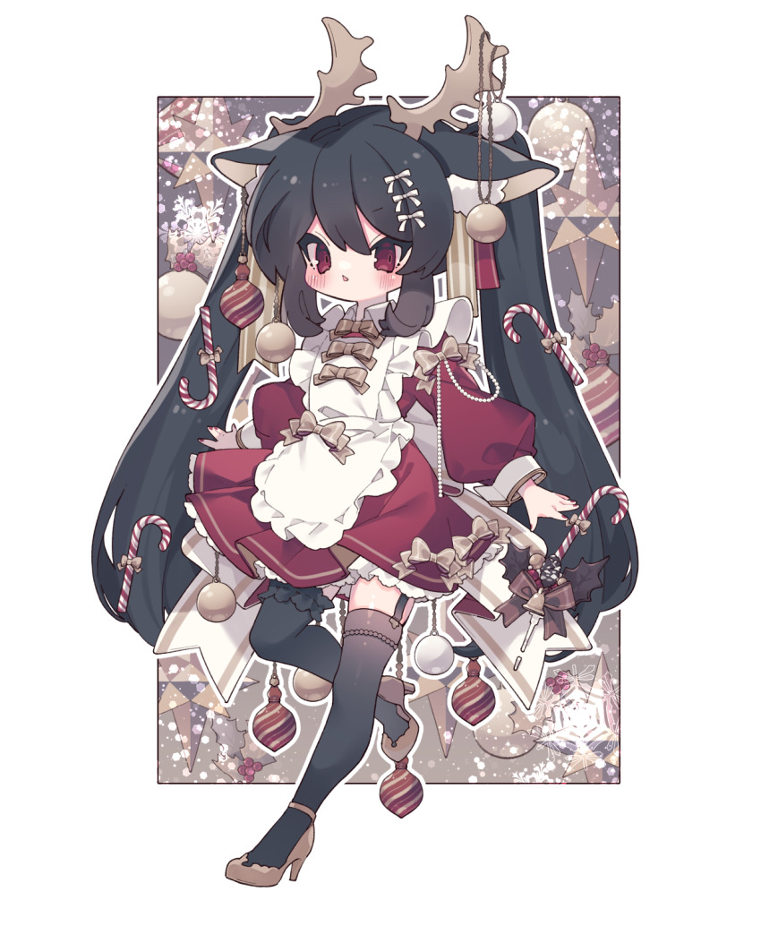 1girl animal_ears apron black_hair black_thighhighs blush bow candy candy_cane candy_cane_hair_ornament candy_hair_ornament christmas_tree_hair_ornament deer_ears dress dress_bow fake_animal_ears food food-themed_hair_ornament hair_ornament highres long_hair long_sleeves maid_apron original ozureiji puffy_long_sleeves puffy_sleeves red_dress red_eyes sidelocks solo thighhighs twintails very_long_hair waist_apron white_apron