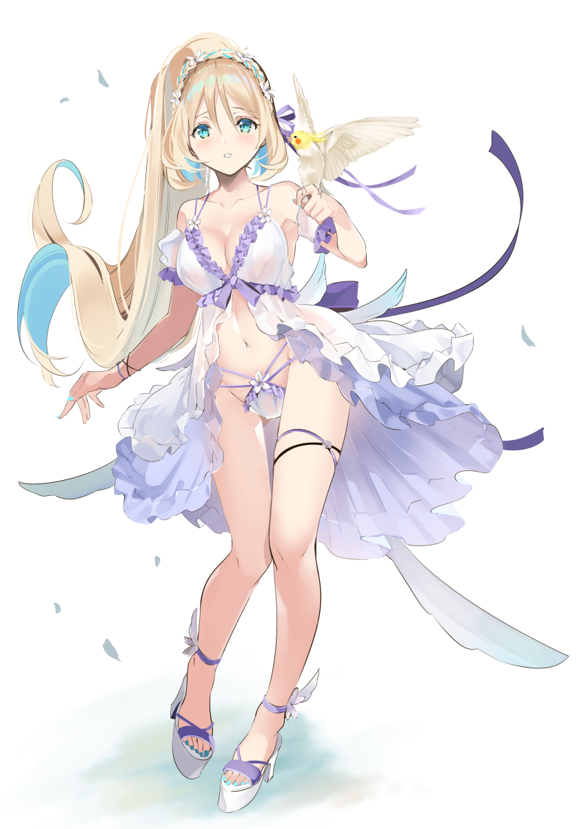 1girl absurdres ann_(ann58533111) bare_legs bird blonde_hair blue_eyes blue_hair blush breasts cleavage eyebrows fingernails hair_between_eyes hair_ornament hand_up highres knees_together_feet_apart large_breasts long_hair looking_at_viewer multicolored_hair nail_(hardware) nail_polish navel original panties parakeet parted_lips ponytail shoes solo thigh_strap toenail_polish toenails two-tone_hair underwear