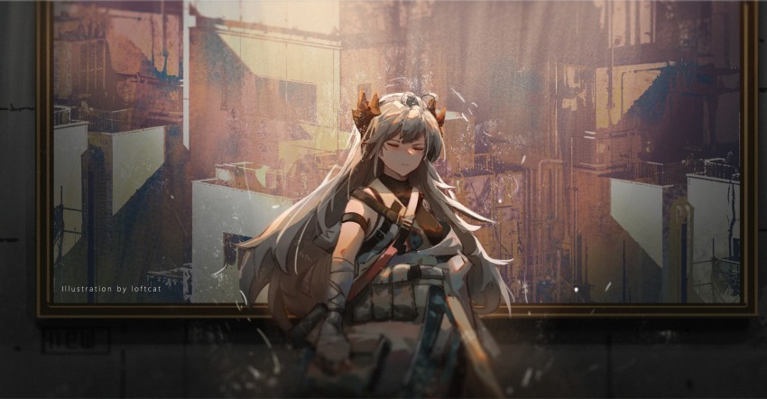 1girl arknights artist_name bandaged_arm bandages belt_pouch black_shirt blurry closed_mouth coat commentary depth_of_field dragon_horns dust english_commentary english_text closed_eyes female_focus grey_coat highres horns loftcat long_hair off_shoulder official_alternate_costume painting_(object) pouch saria_(arknights) saria_(stronghold)_(arknights) shirt shoulder_strap silver_hair sleeveless sleeveless_shirt soft_focus solo upper_body