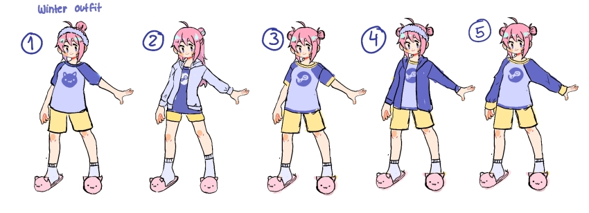 1girl ahoge animal_slippers blue_jacket character_sheet commentary double_bun english_commentary english_text full_body hair_bun hairband highres hood hood_down hooded_jacket jacket nemupan open_clothes open_jacket pink_footwear pink_hair purple_eyes purple_hairband purple_jacket purple_shirt shirt short_shorts shorts simple_background slippers socks steam_(platform) steam_delivery_girl variations white_background white_socks yellow_shorts