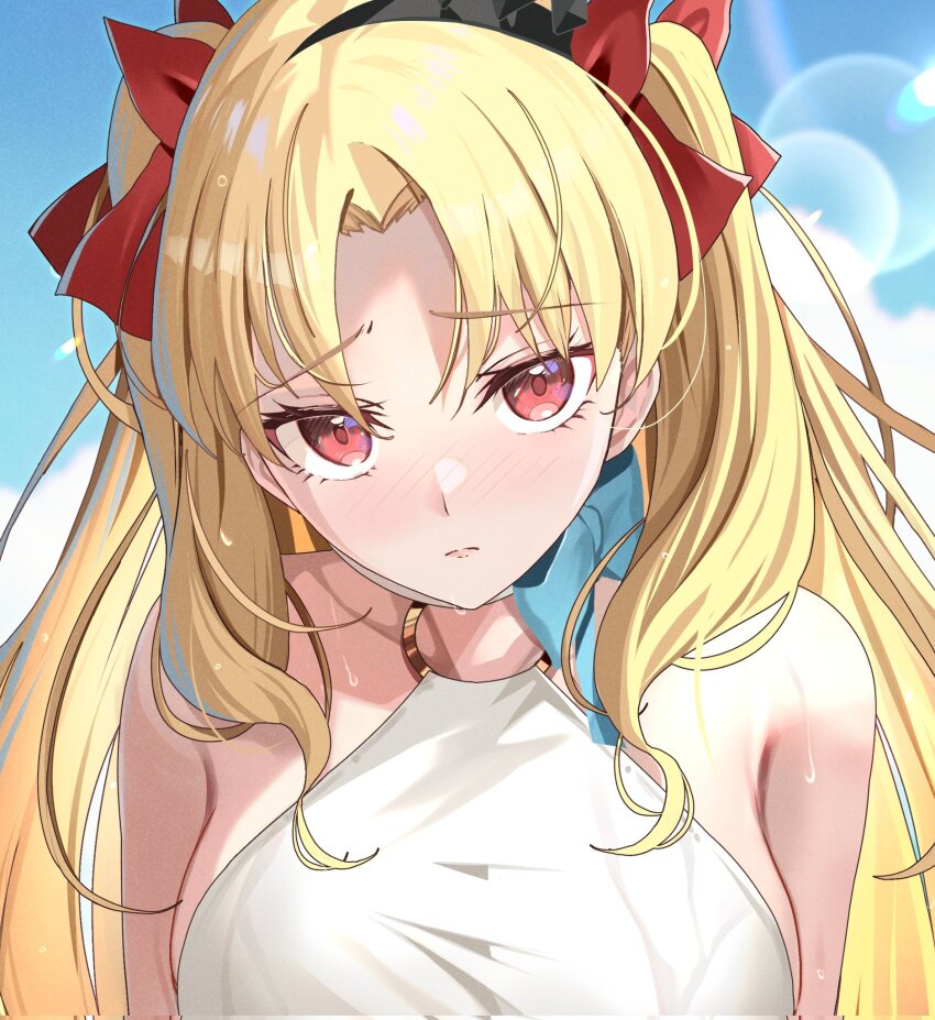 1girl black_hairband blonde_hair blue_sky breasts commentary_request day ereshkigal_(fate) fate_(series) hairband highres large_breasts looking_at_viewer mishiro_(ixtlolton) outdoors sky solo space_ereshkigal_(fate) space_ereshkigal_(first_ascension)_(fate) upper_body wet