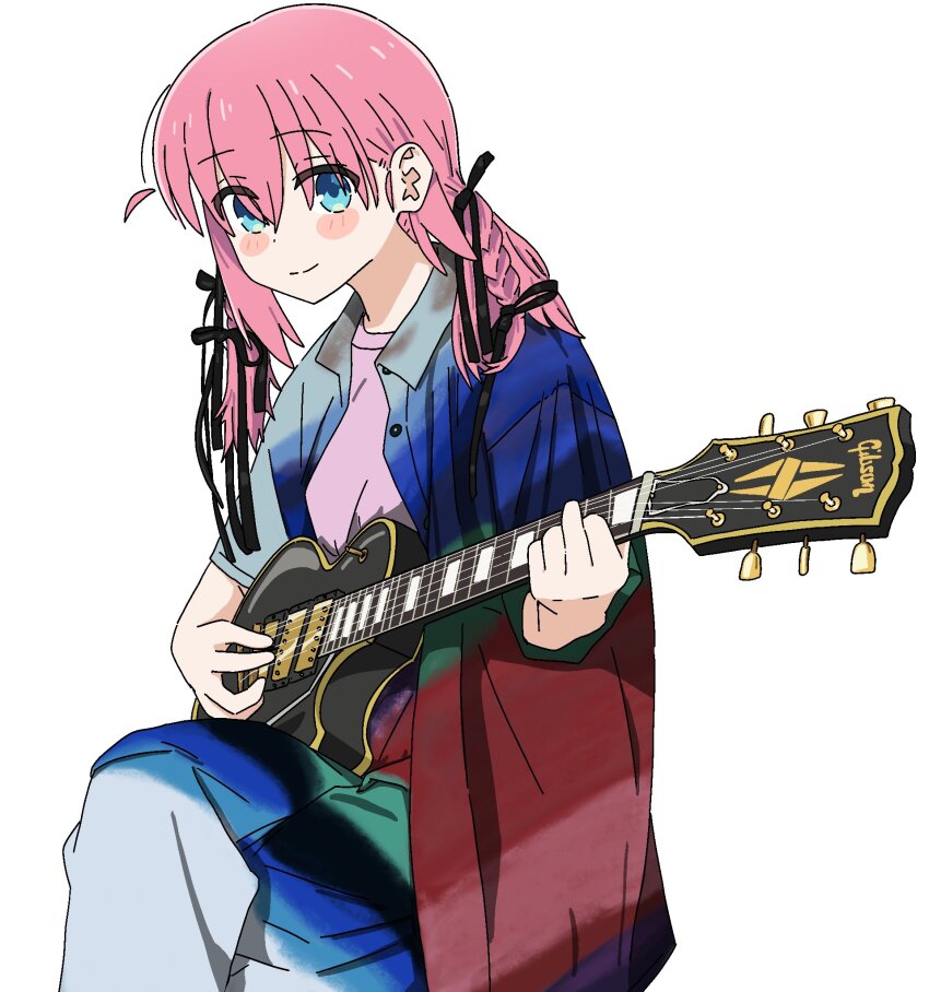 1girl alternate_costume alternate_hairstyle blue_eyes blush bocchi_the_rock! braid crossed_legs electric_guitar gibson_les_paul gotoh_hitori guitar hair_tie highres holding holding_guitar holding_instrument instrument jacket long_hair looking_at_viewer nekokko_neko open_clothes open_jacket pink_hair pink_shirt shirt smile white_background