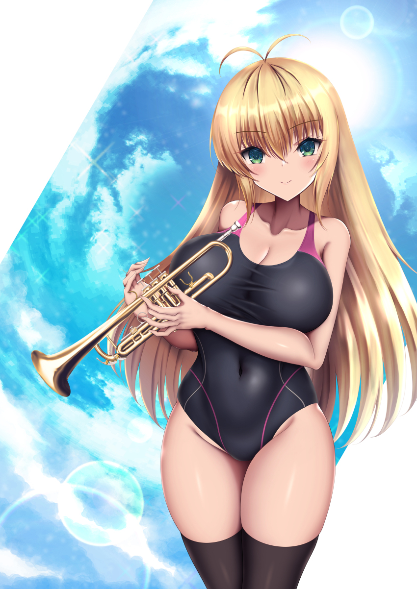 1girl absurdres akina_t antenna_hair black_one-piece_swimsuit black_thighhighs blonde_hair blue_sky breasts cleavage cloud competition_swimsuit covered_navel cowboy_shot green_eyes groin highres instrument large_breasts lens_flare long_hair looking_at_viewer name_tag one-piece_swimsuit sky smile solo swimsuit thighhighs trumpet tsurumaki_maki voiceroid