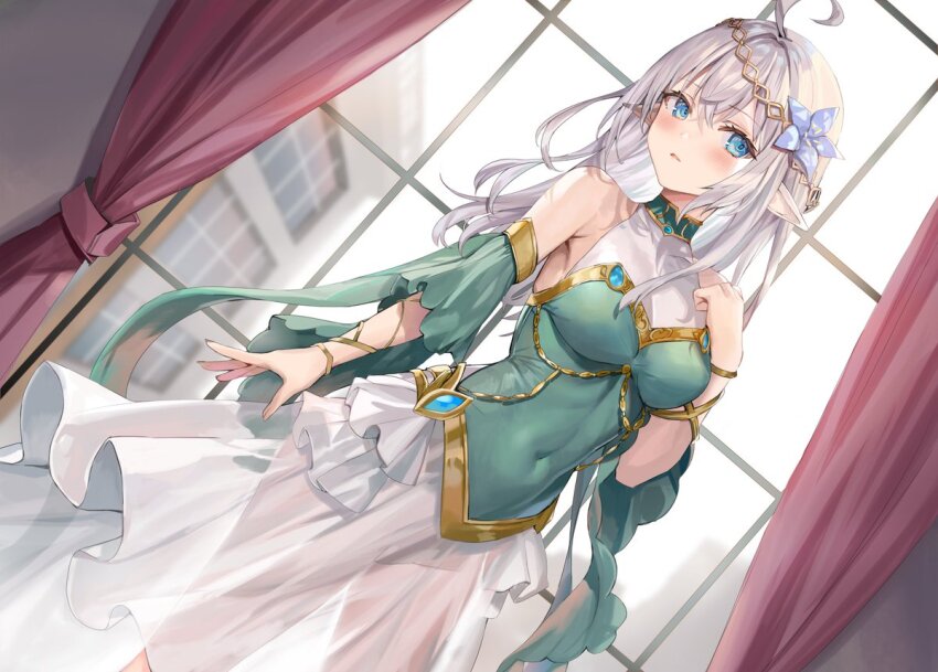 1girl ahoge alisa_mikhailovna_kujou arm_up bare_shoulders blue_eyes blush breasts covered_navel curtains detached_sleeves fake_pointy_ears flower hair_flower hair_ornament indoors jewelry large_breasts long_hair looking_at_viewer momoko_(momopoco) novel_illustration official_art open_mouth pointy_ears short_sleeves skirt solo standing tokidoki_bosotto_roshia-go_de_dereru_tonari_no_alya-san white_hair white_skirt window