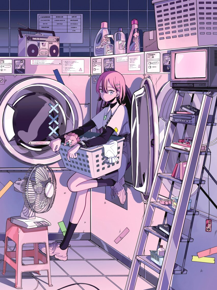 1girl alternate_costume baka_janai_noni_(zutomayo) basket black_socks black_undershirt boombox climbing_ladder collared_shirt colored_inner_hair commentary_request electric_fan fabric_softener hair_ornament hedgehog highres holding holding_basket ladder laundromat laundry_basket long_sleeves looking_at_viewer multicolored_hair myon_(tokipi) nira-chan nira-chan_(baka_janai_noni)_(zutomayo) pink_hair pink_theme purple_eyes purple_nails radio second-party_source shirt socks standing standing_on_one_leg streaked_hair television uniguri_(zutomayo) washing_machine white_footwear white_shirt zutto_mayonaka_de_ii_no_ni