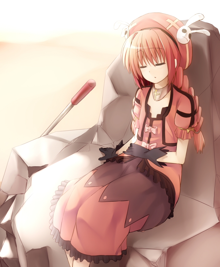 bow braid closed_eyes dress gloves graf_eisen hat highres long_hair lyrical_nanoha mahou_shoujo_lyrical_nanoha mahou_shoujo_lyrical_nanoha_a&#039;s piiko_(aa_doushiyou) red_hair sitting sleeping solo twin_braids vita_(nanoha)