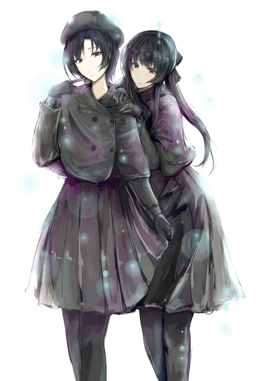 2girls absurdres alternate_costume black_capelet black_gloves black_hair black_headwear black_ribbon black_skirt buttons capelet flowers_(innocent_grey) gloves hair_ribbon hand_up hands_on_another&#039;s_shoulder highres innocent_grey kara_no_shoujo kara_no_shoujo_2 kayahara_yukiko long_hair looking_at_viewer multiple_girls pleated_skirt ribbon short_hair simple_background skirt skirt_hold tokisaka_yukari white_background winter_clothes winter_gloves winter_uniform xephere