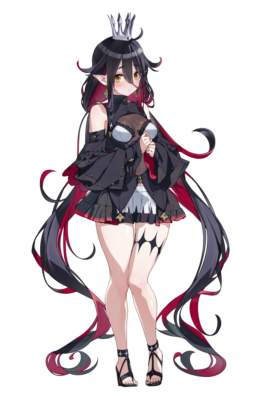 1girl absurdly_long_hair absurdres black_footwear black_hair black_nails blush breasts crown detached_sleeves earrings flipped_hair full_body hair_between_eyes high_heels highres jewelry long_hair miniskirt mole mole_on_breast mole_under_eye nail_polish navel non-web_source official_art own_hands_together photoshop_(medium) pleated_skirt pointy_ears prison_princess red_hair simple_background skirt solo standing toenail_polish toenails twintails very_long_hair white_background yamacchi yellow_eyes