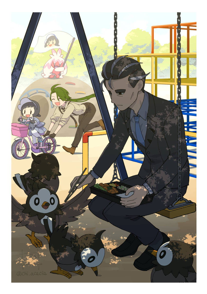 1boy 2girls absurdres bento bicycle chain chi_inonaka chopsticks collared_shirt commentary_request creatures_(company) day flag game_freak gen_4_pokemon gloves green_hair highres holding holding_chopsticks holding_flag jacket larry_(pokemon) long_hair multiple_girls necktie nintendo outdoors pants playground pokemon pokemon_(creature) pokemon_sv ponytail poppy_(pokemon) pushing rika_(pokemon) shirt shoes sitting starly swing tinkaton