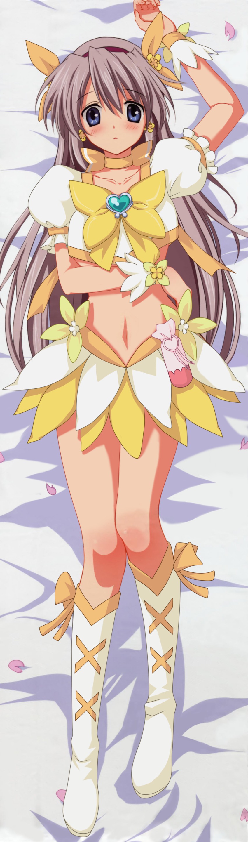 1girl absurdres artist_request blue_eyes blush boots bow brooch clannad cosplay cure_sunshine cure_sunshine_(cosplay) dakimakura_(medium) earrings female_focus flower hairband heart heart_brooch heartcatch_precure! highres jewelry knee_boots kuwashima_houko legs long_hair long_image lying magical_girl midriff petals precure sakagami_tomoyo silver_hair skirt solo tall_image third-party_edit twintails very_long_hair voice_actor_connection yellow_bow yellow_skirt