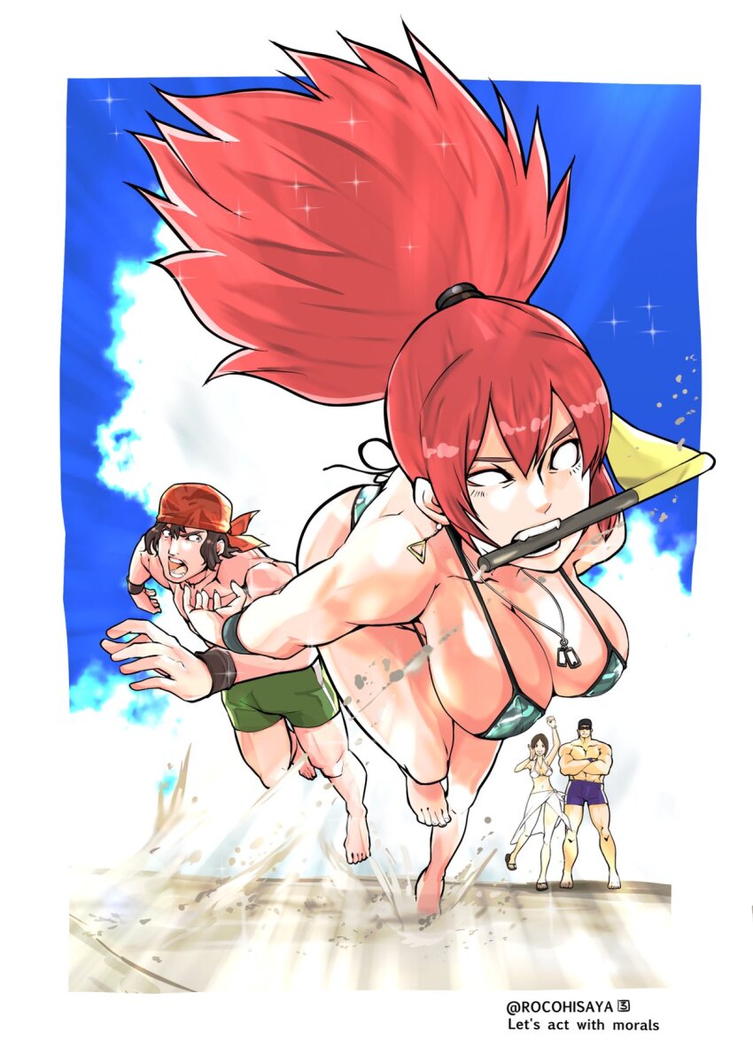 2boys 2girls bandana beach beach_wrap bikini blonde_hair blue_sky breasts brown_hair clark_still dark_persona dog_tags earrings flag fleeing highres holding holding_flag ikari_warriors jewelry large_breasts leona_heidern mature_male multiple_boys multiple_girls muscular muscular_male no_pupils orochi_leona ponytail ralf_jones red_hair rocohisaya short_hair sky sunglasses swimsuit the_king_of_fighters triangle_earrings twitter_username whip_(kof) white_bikini