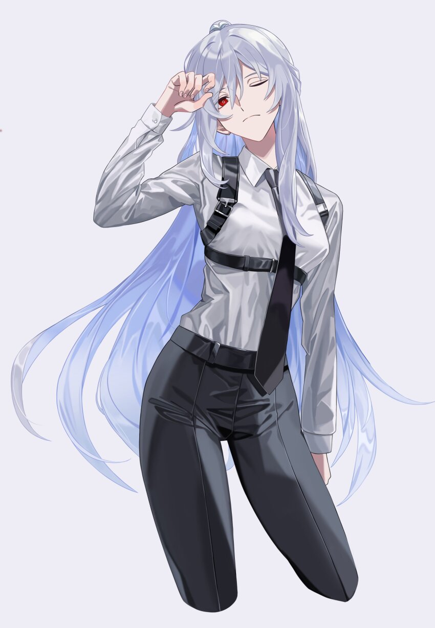 1girl absurdres alternate_costume alternate_hair_color black_necktie black_pants blue_hair breasts chest_harness closed_mouth collared_shirt colored_inner_hair commentary cropped_legs frown hair_between_eyes hand_up harness highres honkai:_star_rail honkai_(series) jingliu_(honkai:_star_rail) long_hair looking_at_viewer maka_(maka04021) medium_breasts multicolored_hair necktie one_eye_closed pants red_eyes shirt simple_background solo very_long_hair white_background white_hair white_shirt