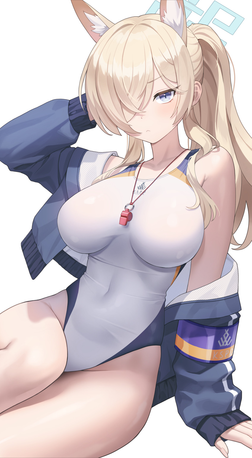 1girl absurdres animal_ear_fluff animal_ears blonde_hair blue_archive blue_eyes blue_halo blush closed_mouth competition_swimsuit dog_ears extra_ears groin hair_over_one_eye halo highres jacket kanna_(blue_archive) kanna_(swimsuit)_(blue_archive) long_hair long_sleeves newthi official_alternate_costume one-piece_swimsuit simple_background solo swimsuit water whistle whistle_around_neck white_background white_jacket white_one-piece_swimsuit