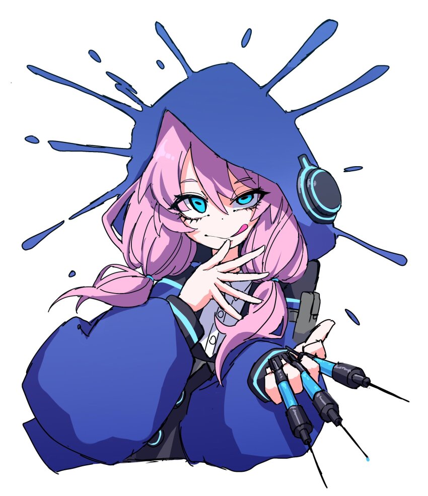 1girl arknights black_eyeliner blending blue_eyes blue_jacket blue_poison_(arknights) closed_mouth collared_shirt dr_yamero eyelashes eyeliner finger_to_mouth frog_girl hair_between_eyes hand_up highres holding holding_syringe hood hooded_jacket jacket long_hair long_sleeves looking_at_viewer low_twintails makeup mascara pink_hair shirt simple_background solo splatter syringe tongue tongue_out twintails uneven_eyes white_background white_shirt