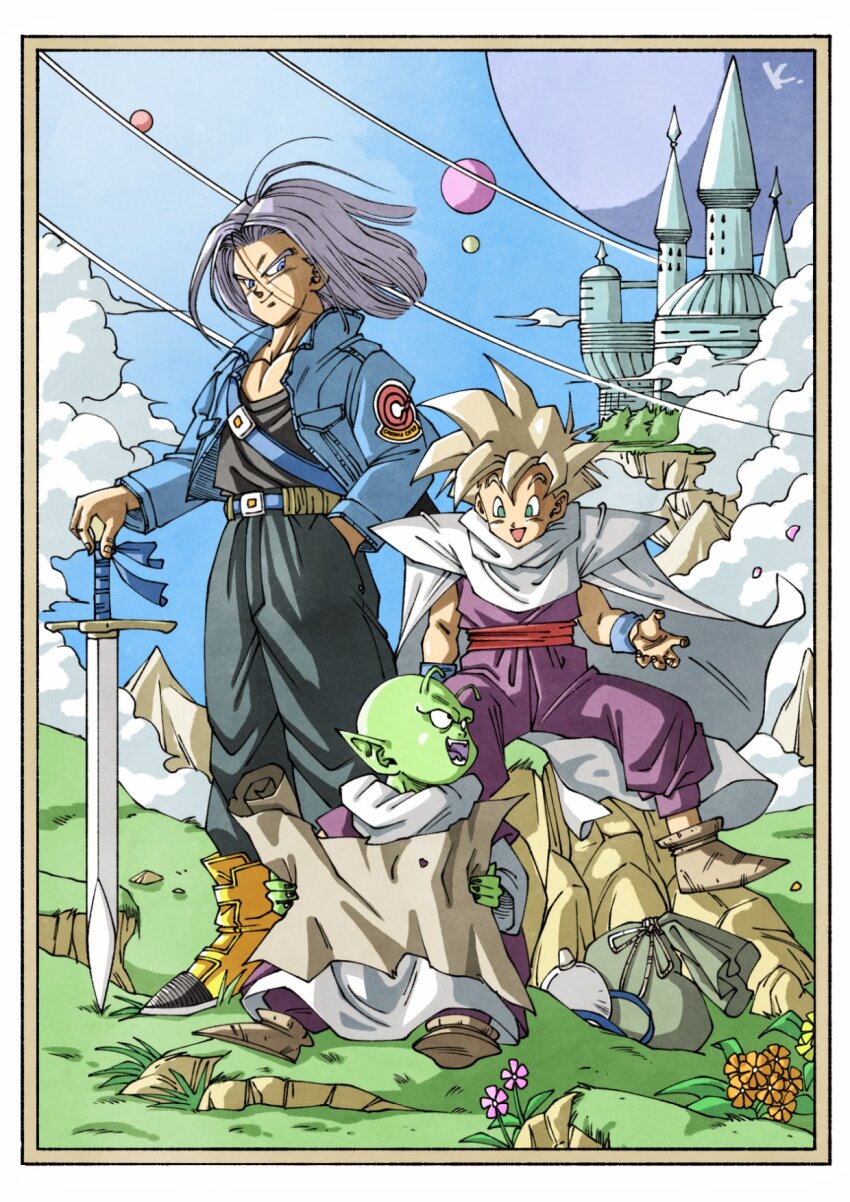 3boys antennae black_shirt blonde_hair blue_archive blue_eyes boots cape colored_skin dende dougi dragon_ball dragonball_z green_skin hand_in_pocket highres holding holding_scroll holding_sword holding_weapon kakeru_(dbskakeru) medium_hair multiple_boys namekian no_eyes orange_footwear pants pointy_ears purple_hair purple_pants purple_shirt scroll shirt son_gohan spiked_hair super_saiyan super_saiyan_1 sword trunks_(dragon_ball) trunks_(future)_(dragon_ball) weapon white_cape