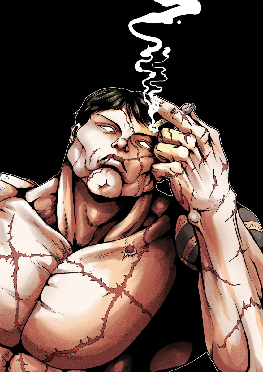 1boy absurdres black_background black_hair blank_eyes bullet_wound cigarette facial_scar grappler_baki hakata_river hanayama_kaoru highres holding holding_cigarette male_chest muscular muscular_male scar scar_on_arm scar_on_cheek scar_on_chest scar_on_face scar_on_hand scars_all_over short_hair smoke tattoo too_many yakuza