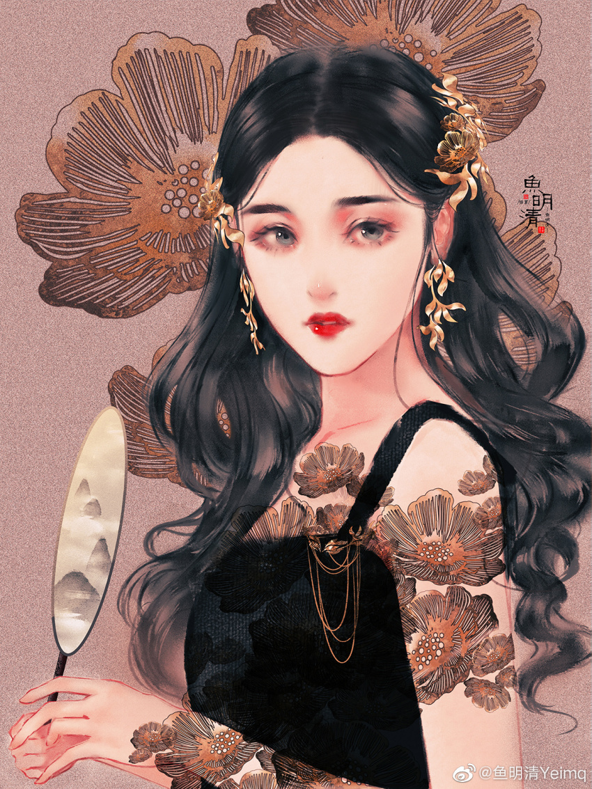 1girl black_dress black_hair dress earrings flower from_side hair_ornament hand_fan highres holding holding_fan jewelry long_hair looking_to_the_side original realistic solo tattoo teeth upper_body yu_mingqing_yeimq