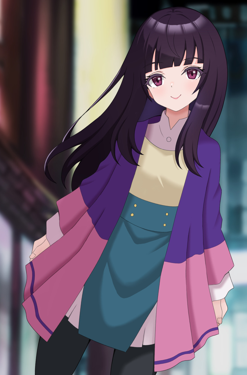 1girl absurdres black_pantyhose blue_skirt blurry blurry_background closed_mouth commentary highres kukokoko_(ukan2253) long_hair long_sleeves looking_at_viewer open_happi pantyhose purple_eyes purple_hair purple_happi sidelocks skirt solo takanashi_kim_anouk_mei yoru_no_kurage_wa_oyogenai