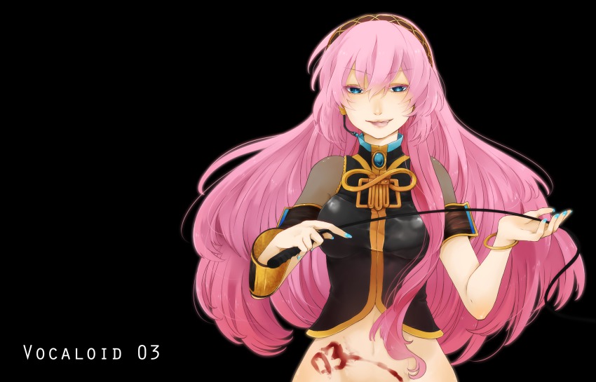 1girl :p aqua_eyes bad_id bad_pixiv_id blood female_focus headphones headset highres long_hair maroyan megurine_luka navel pink_hair simple_background smile solo tongue tongue_out vocaloid whip