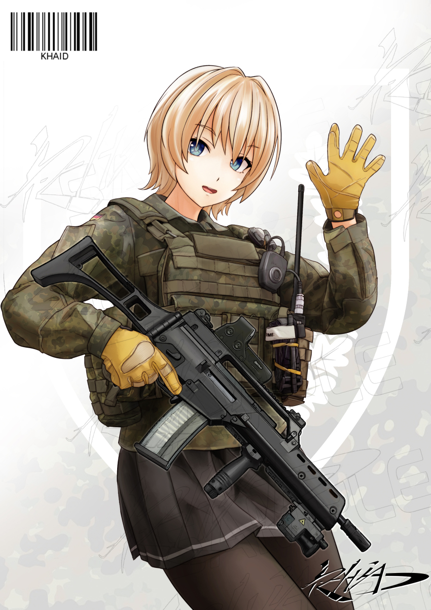 absurdres black_pantyhose blonde_hair blue_eyes bulletproof_vest bundeswehr gloves gun highres khaid_shiden original pantyhose pleated_skirt skirt tactical_clothes walkie-talkie weapon