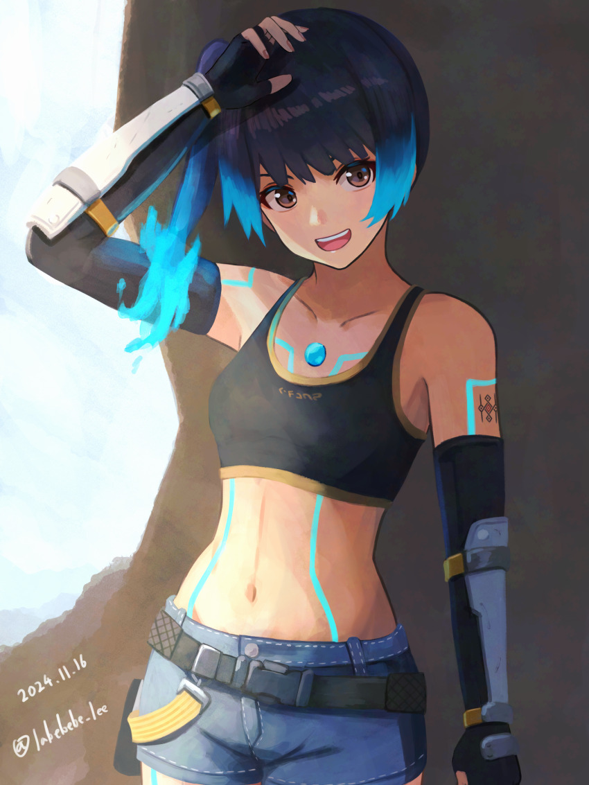 1girl arm_tattoo arm_up artist_name belt black_sports_bra blue_hair blue_shorts body_markings breasts collarbone commentary_request dated fiery_hair glowing_lines glowing_markings highres labebebe_lee looking_at_viewer navel open_mouth sena_(xenoblade) short_shorts shorts small_breasts smile solo sports_bra standing tattoo teeth upper_teeth_only xenoblade_chronicles_(series) xenoblade_chronicles_3