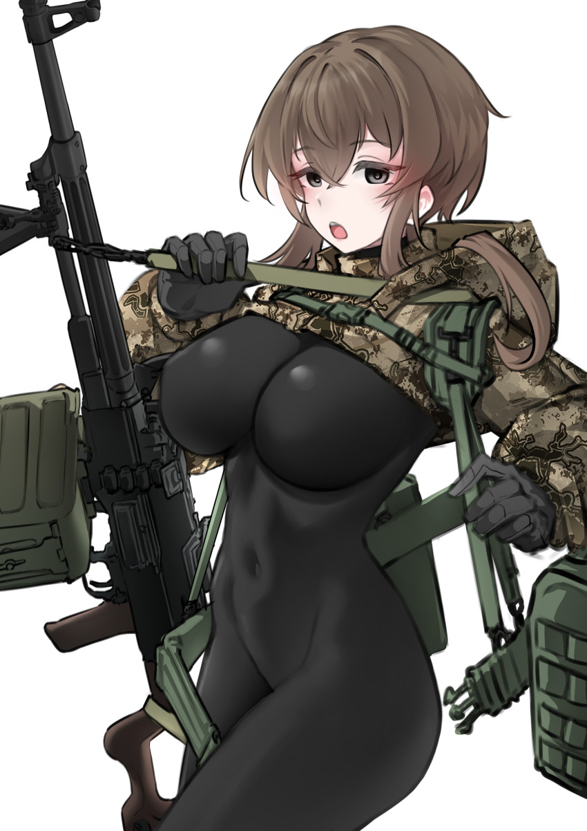 1girl absurdres black_bodysuit black_gloves bodysuit breasts brown_hair camouflage commentary covered_erect_nipples cowboy_shot crossed_bangs gloves gun gun_sling hair_between_eyes highres holding holding_weapon hooded_shrug impossible_bodysuit impossible_clothes k0ng large_breasts long_sleeves looking_at_viewer machine_gun open_mouth original pkm puffy_long_sleeves puffy_sleeves short_hair shrug_(clothing) simple_background solo weapon white_background