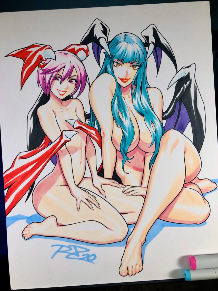 2girls art_tools_in_frame bad_id bad_twitter_id bat_wings breasts commentary convenient_censoring demon_girl english_commentary eyeshadow flat_chest green_hair grin hair_censor hands_on_own_thighs head_wings highres large_breasts lilith_(darkstalkers) lips lipstick long_hair looking_at_viewer low_wings makeup marker_(medium) morrigan_aensland multiple_girls navel nude orange_eyes pale_skin photo_(medium) purple_eyes purple_hair robaato seiza short_hair siblings signature sisters sitting slit_pupils smile thick_thighs thighs toes traditional_media darkstalkers wing_censor wings