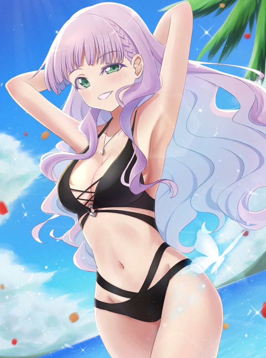 1girl absurdres armpits arms_up bikini black_bikini blunt_bangs breasts cleavage collarbone green_eyes highres jewelry large_breasts long_hair looking_at_viewer love_live! love_live!_superstar!! navel necklace purple_hair satolive20 smile solo stomach stomach_day swimsuit uneven_eyes wavy_hair wien_margarete