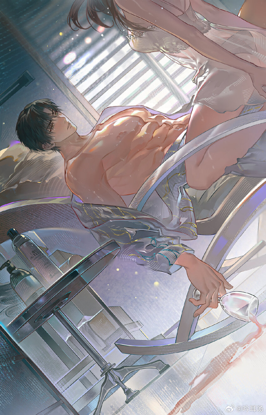 1boy 1girl abs black_hair chair couple cup drinking_glass dutch_angle green_eyes grey_panties grey_robe hetero highres holding holding_cup indoors lingerie lips lotion lotion_bottle love_and_deepspace male_focus muscular muscular_male negligee off_shoulder open_clothes open_robe panties parted_lips pectorals protagonist_(love_and_deepspace) robe see-through_clothes short_hair sitting sitting_on_lap sitting_on_person solo_focus spilling sweat table underwear window_blinds wine_glass yinzinmiemie zayne_(love_and_deepspace)